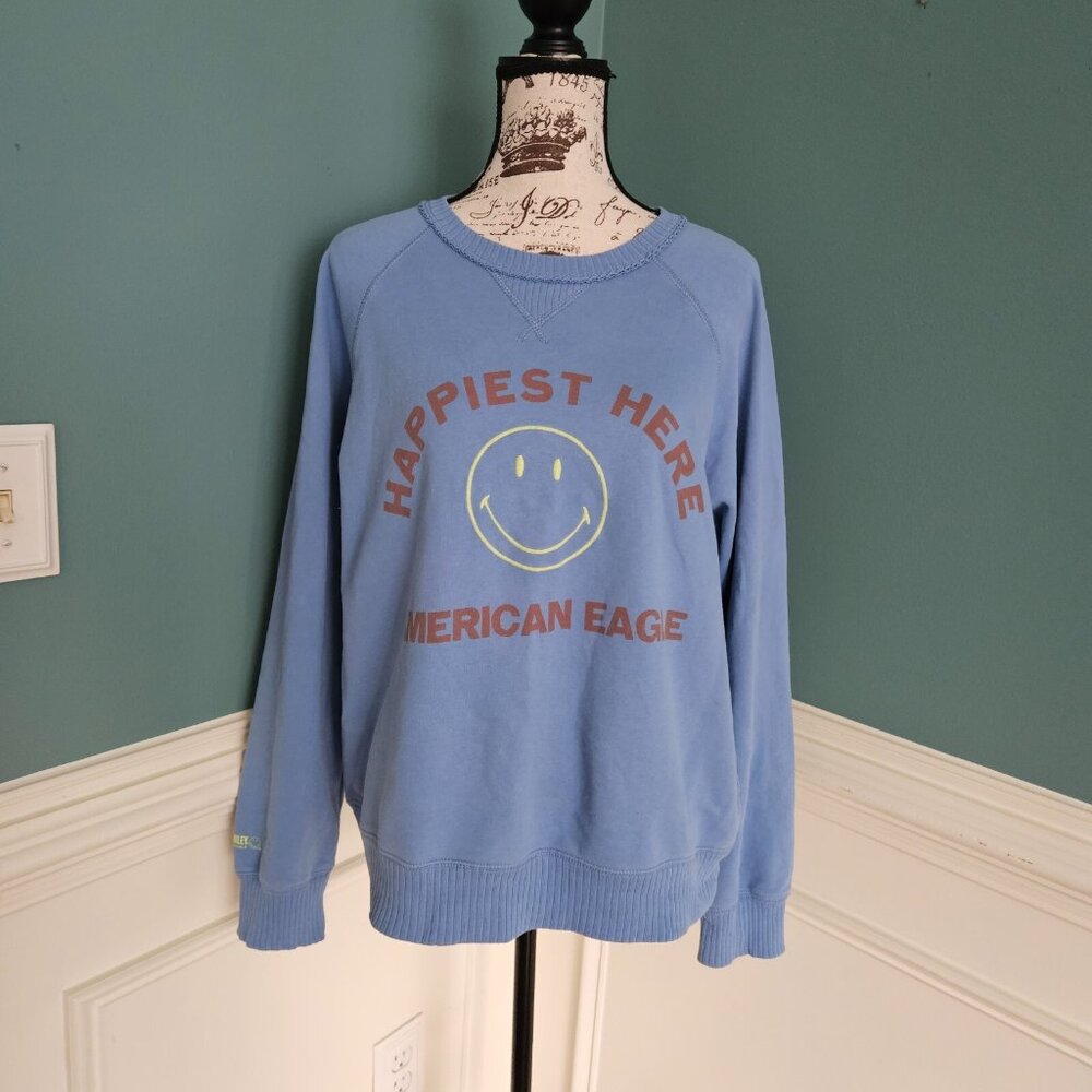 American Eagle M Happiest Here Smiley Sweatshirt Pullover